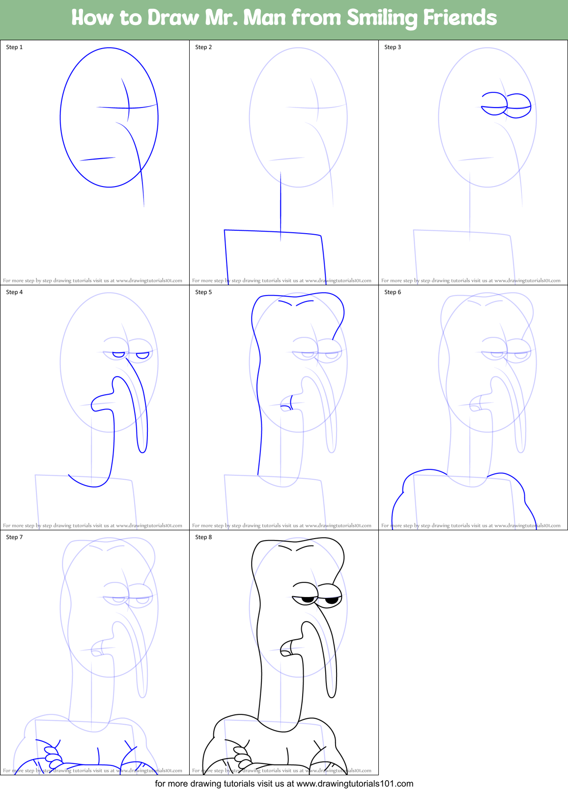 How to Draw Mr. Man from Smiling Friends Printable Step by Step