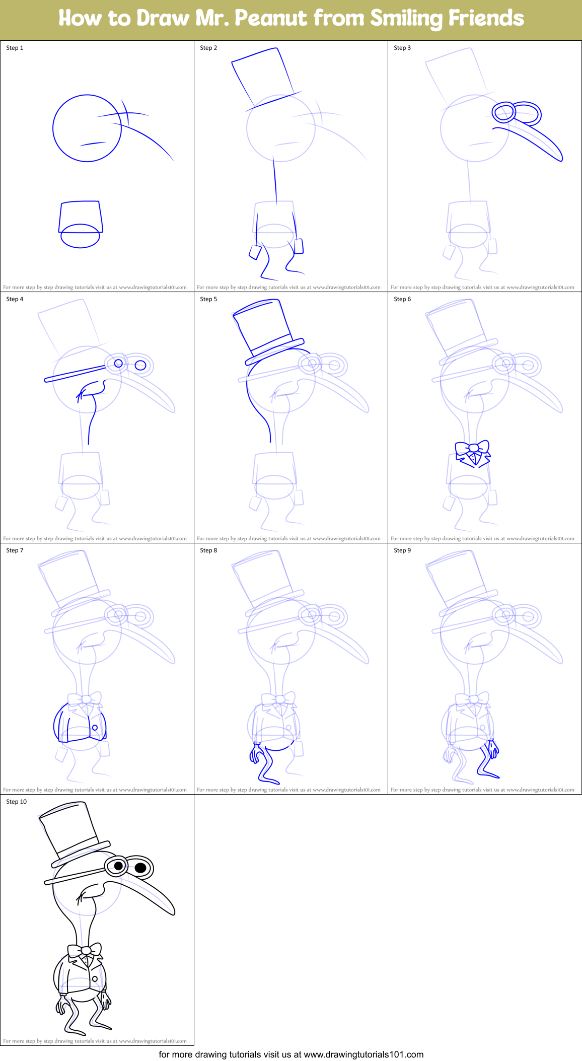How to Draw Mr. Peanut from Smiling Friends Printable Step by Step