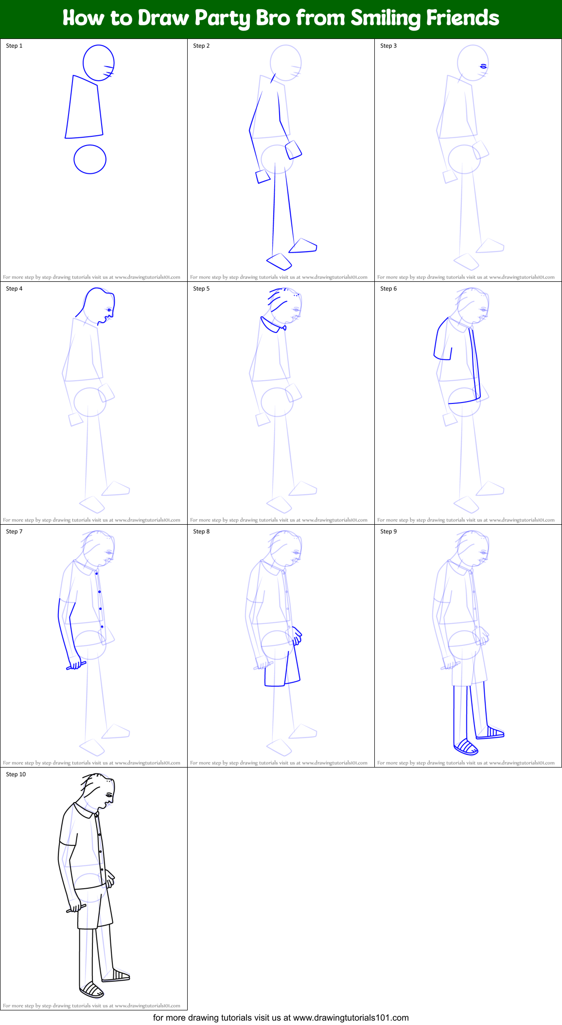 How to Draw Party Bro from Smiling Friends Printable Step by Step