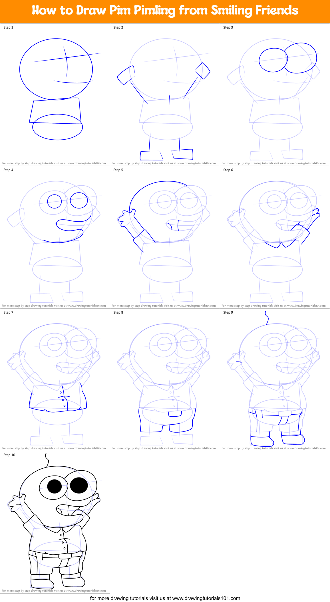 How to Draw Pim Pimling from Smiling Friends Printable Step by Step