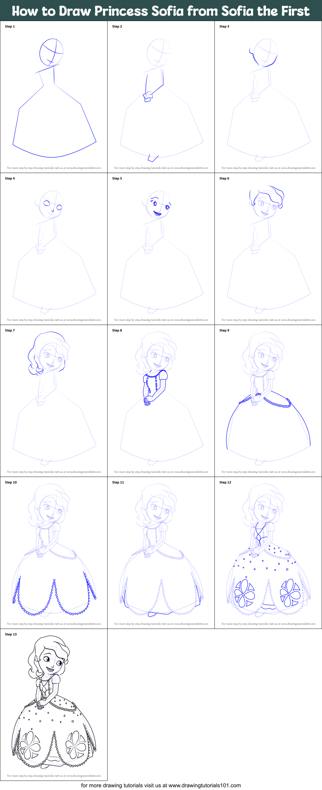 How to Draw Princess Sofia from Sofia the First printable step by step