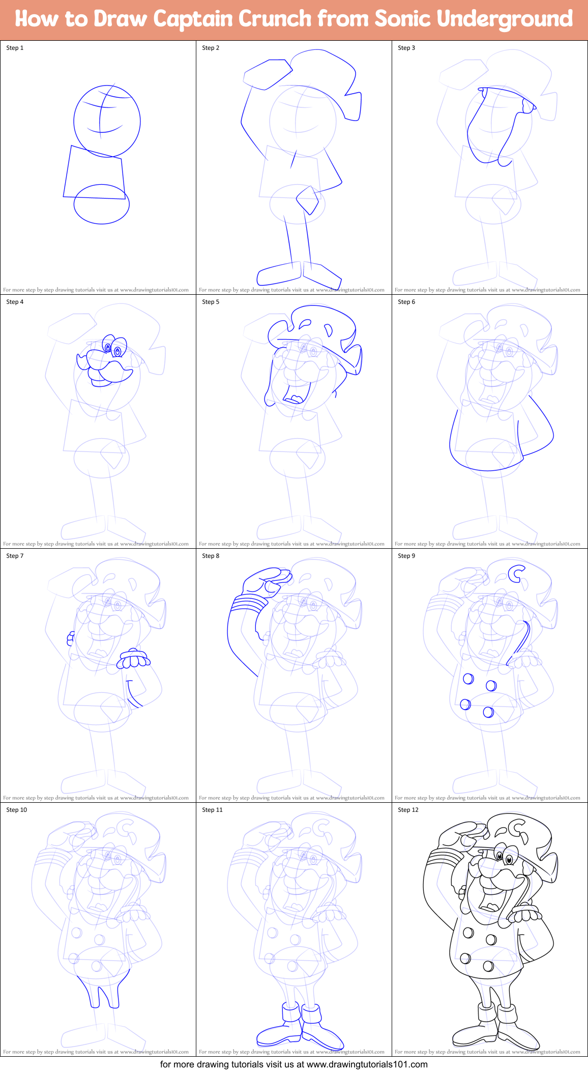 How to Draw Captain Crunch from Sonic Underground Printable Step by Step