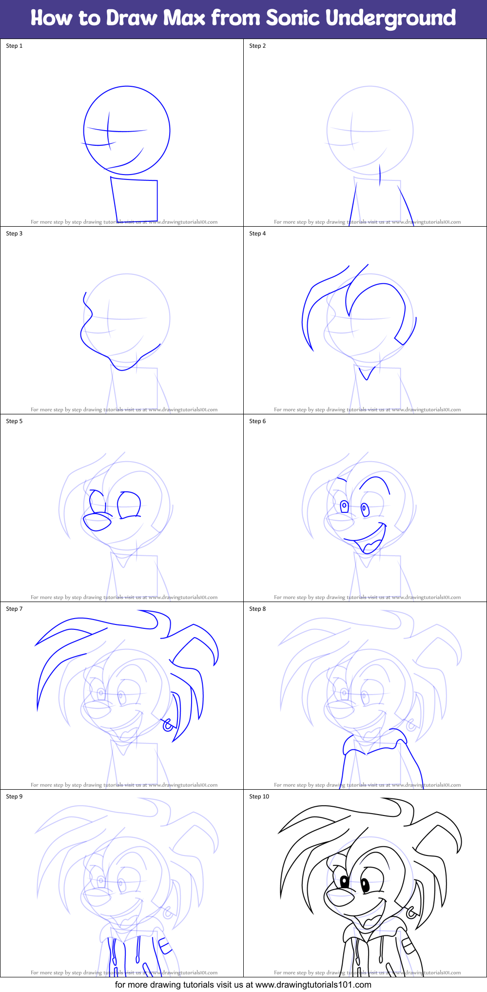 How to Draw Max from Sonic Underground Printable Step by Step
