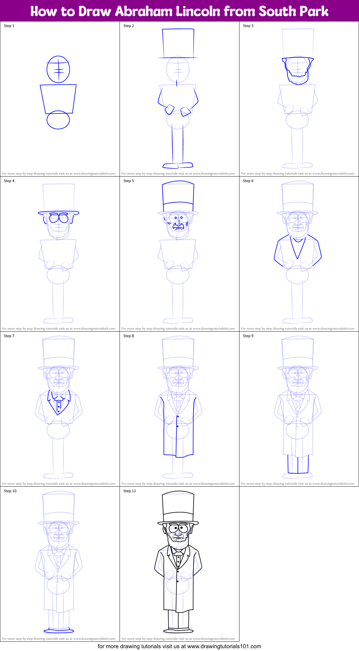 How to Draw Abraham Lincoln from South Park Printable Step by Step