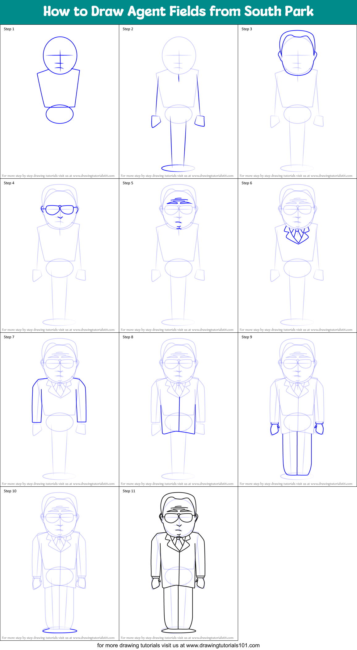 How to Draw Agent Fields from South Park Printable Step by Step