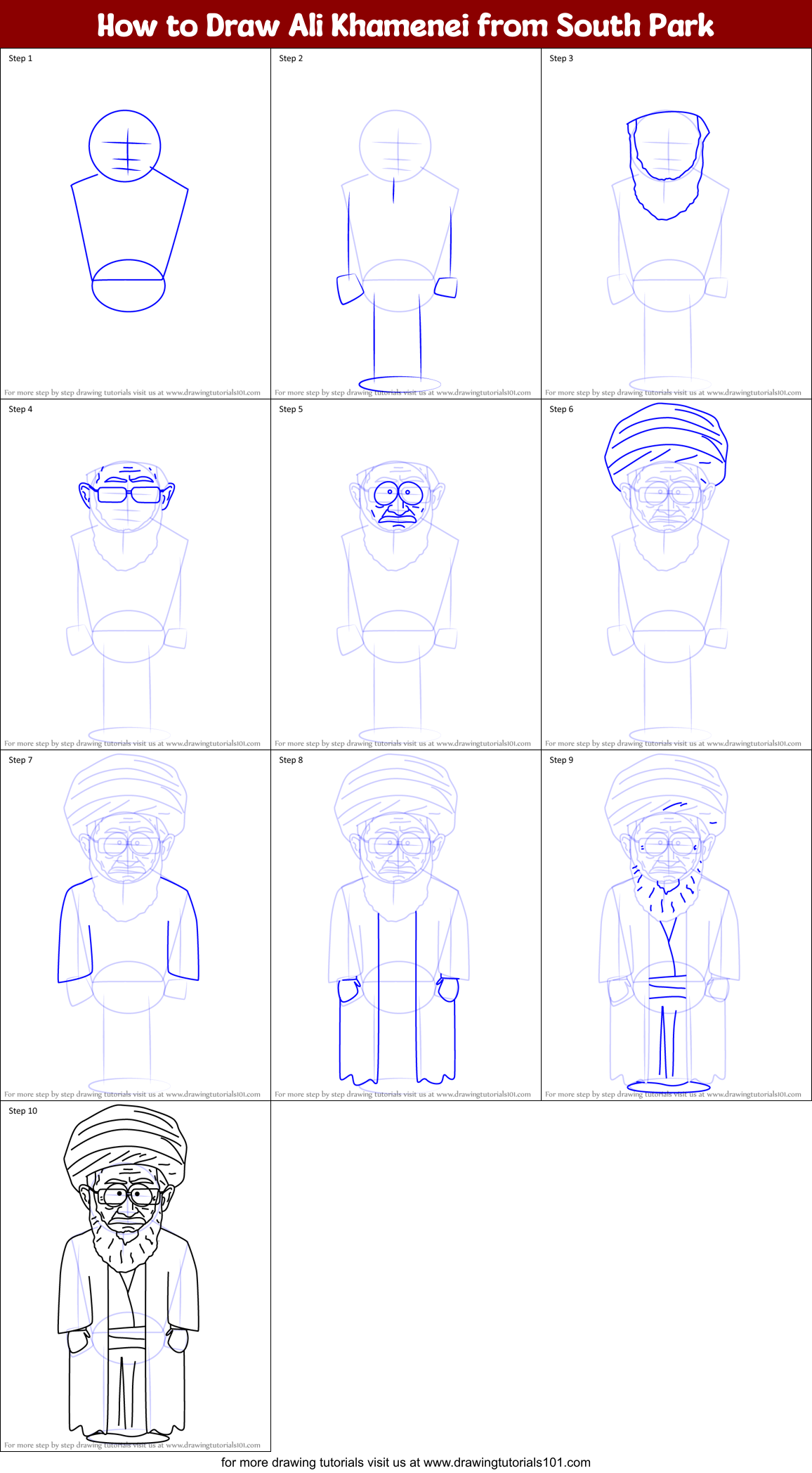 How to Draw Ali Khamenei from South Park Printable Step by Step