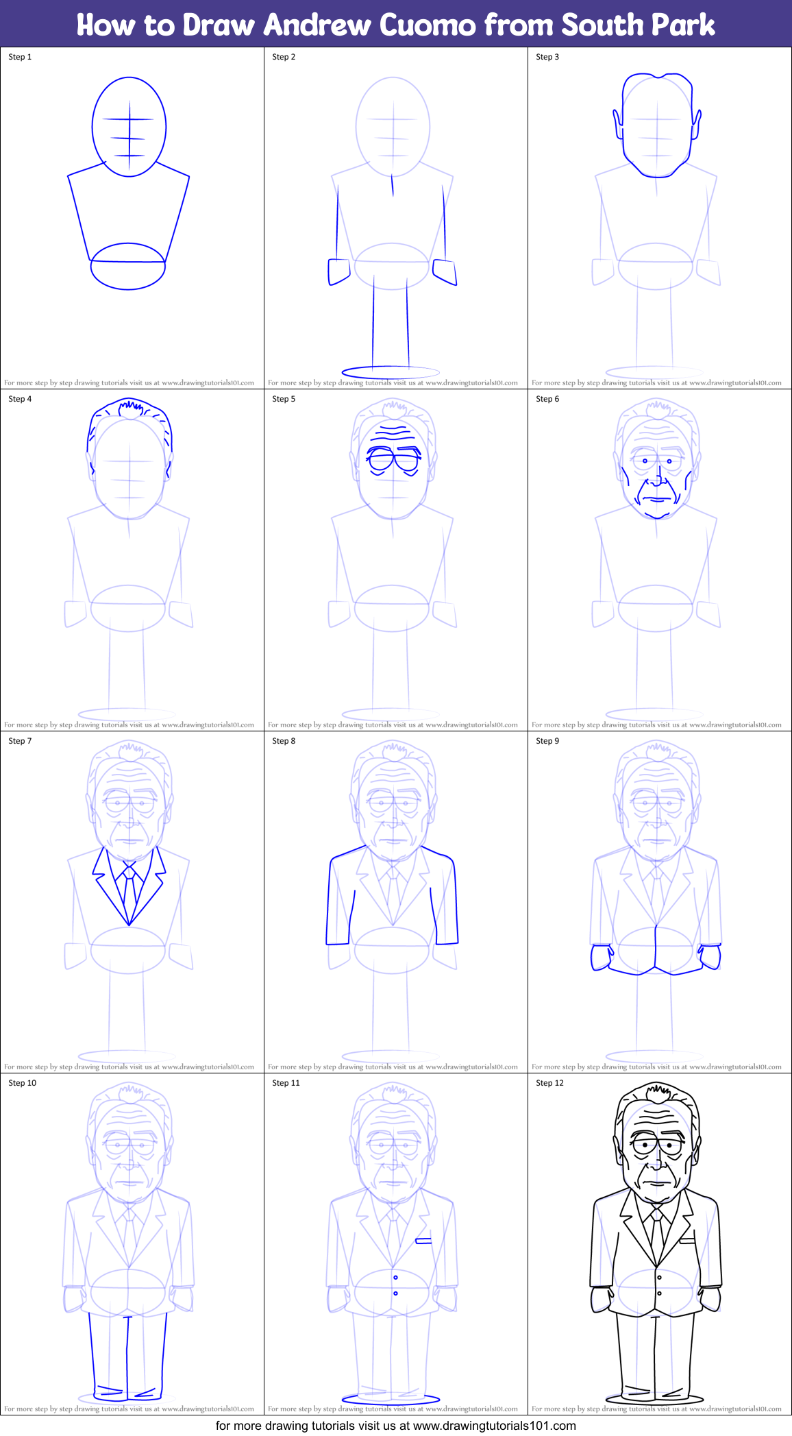 How to Draw Andrew Cuomo from South Park Printable Step by Step