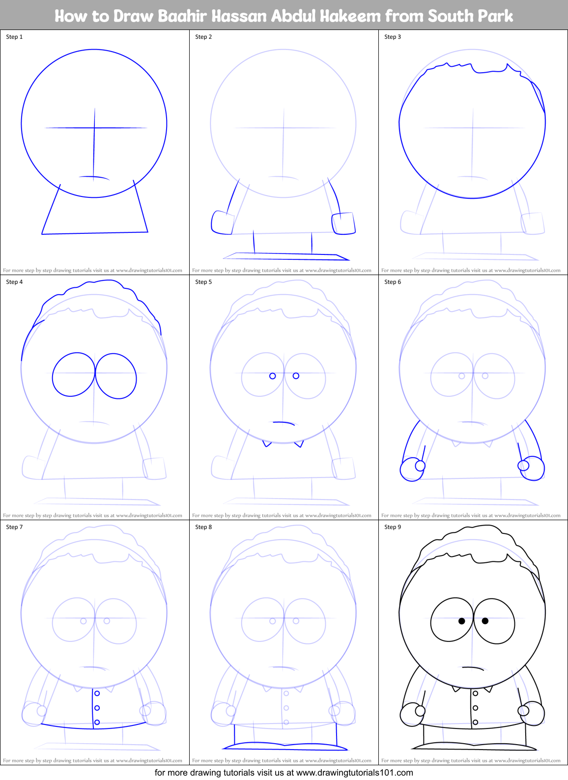 How to Draw Baahir Hassan Abdul Hakeem from South Park Printable Step by Step