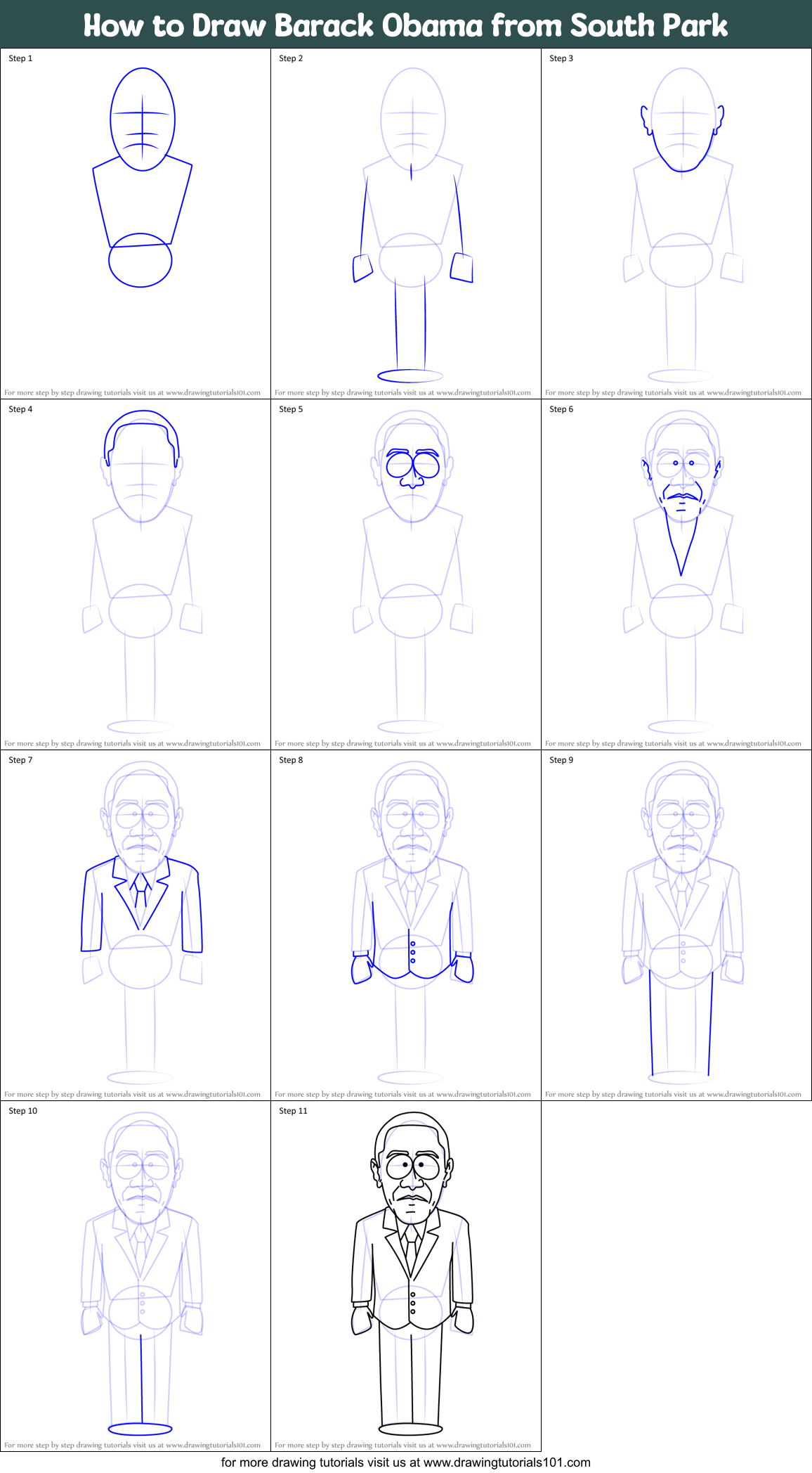 How to Draw Barack Obama from South Park Printable Step by Step