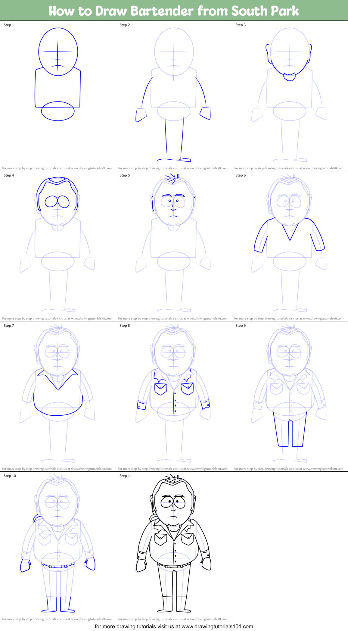 How to Draw Bartender from South Park Printable Step by Step