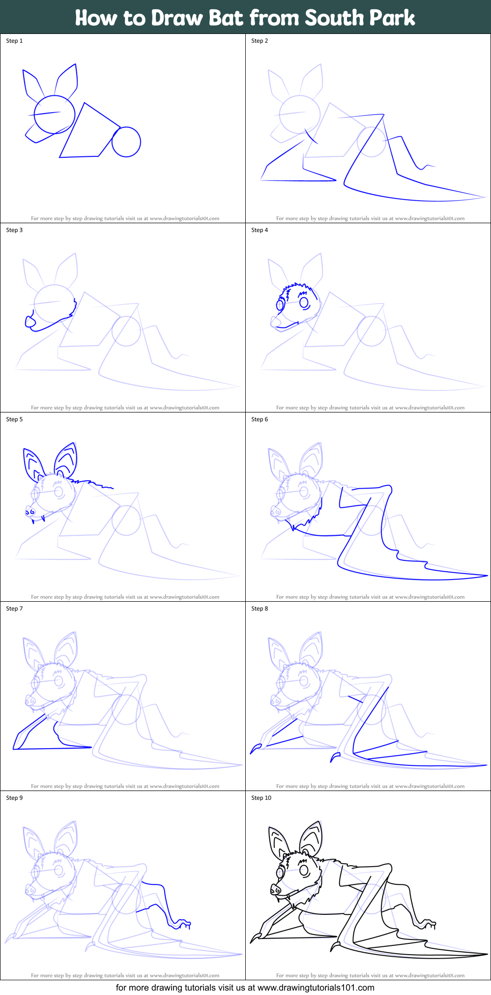 How to Draw Bat from South Park Printable Step by Step