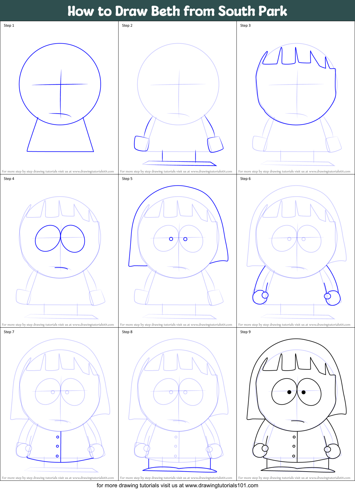 How to Draw Beth from South Park Printable Step by Step