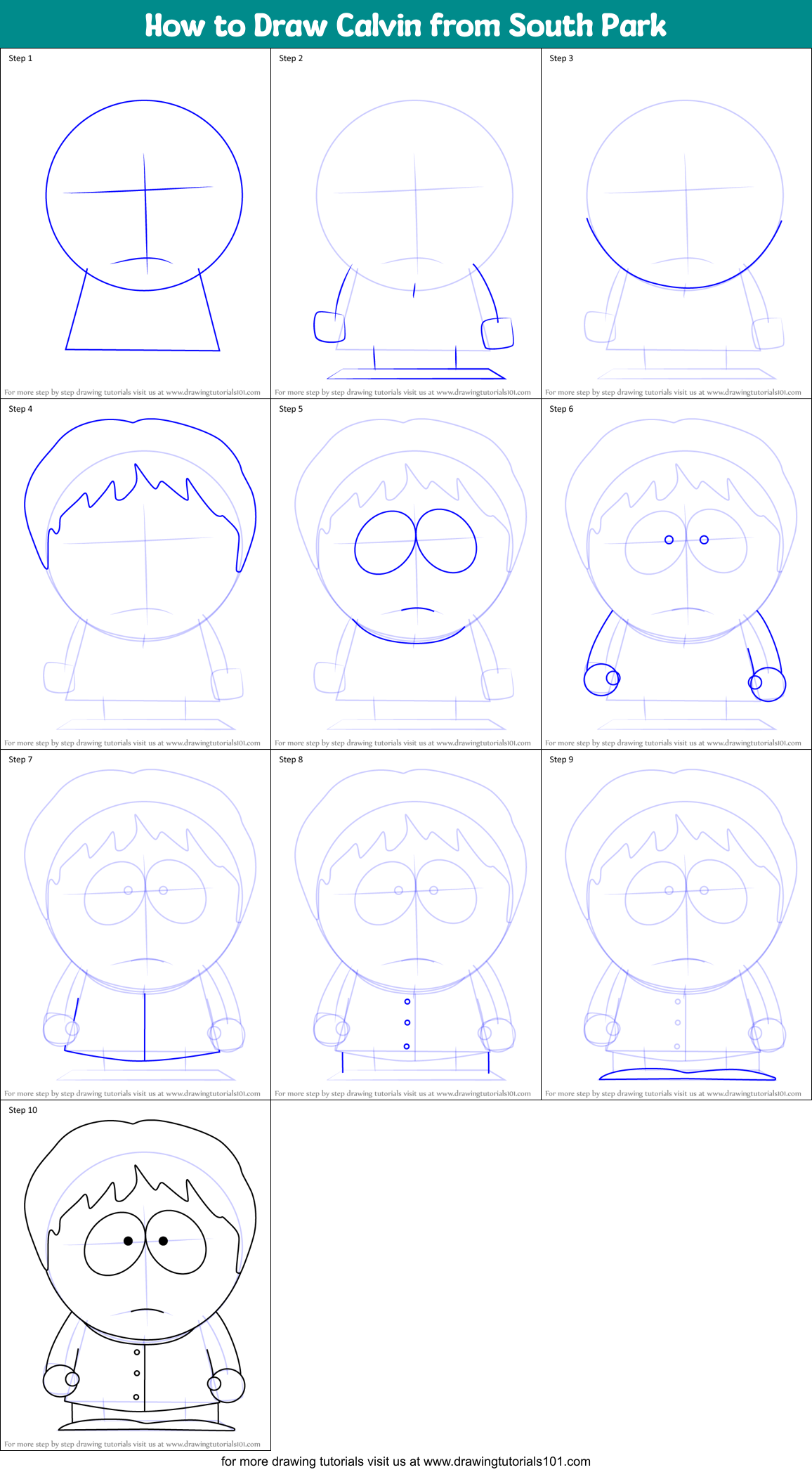 How to Draw Calvin from South Park Printable Step by Step