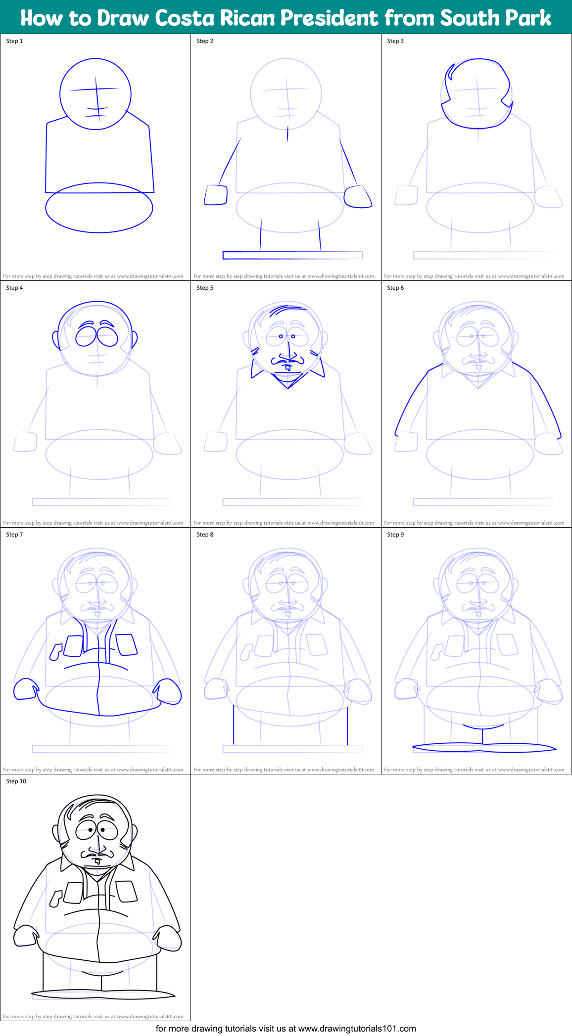 How to Draw Costa Rican President from South Park Printable Step by Step