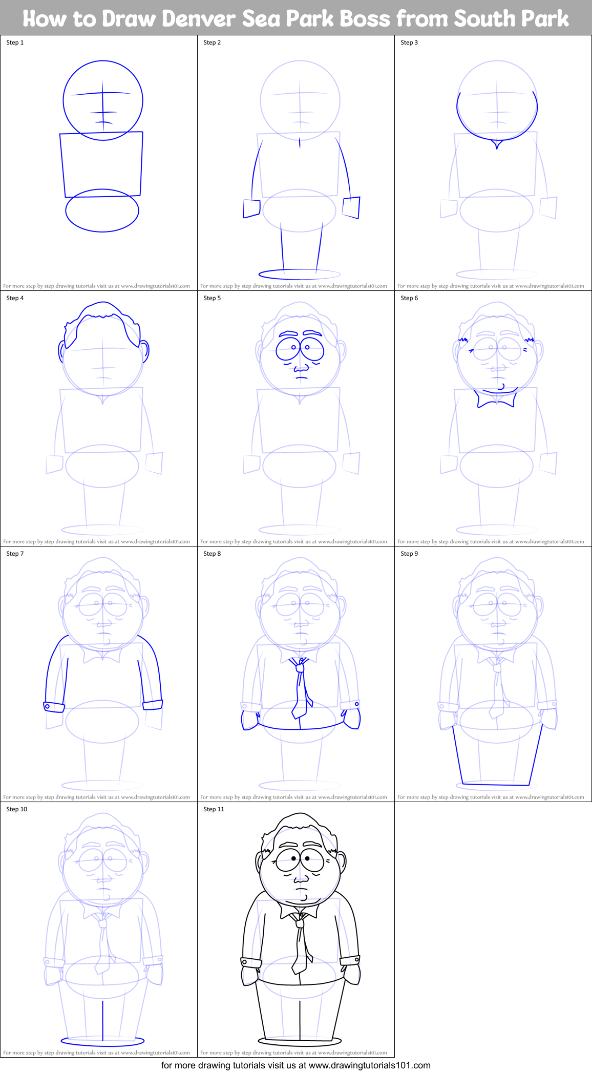 How to Draw Denver Sea Park Boss from South Park Printable Step by Step
