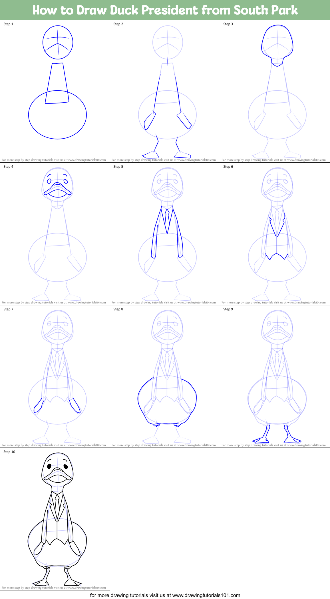 How to Draw Duck President from South Park Printable Step by Step