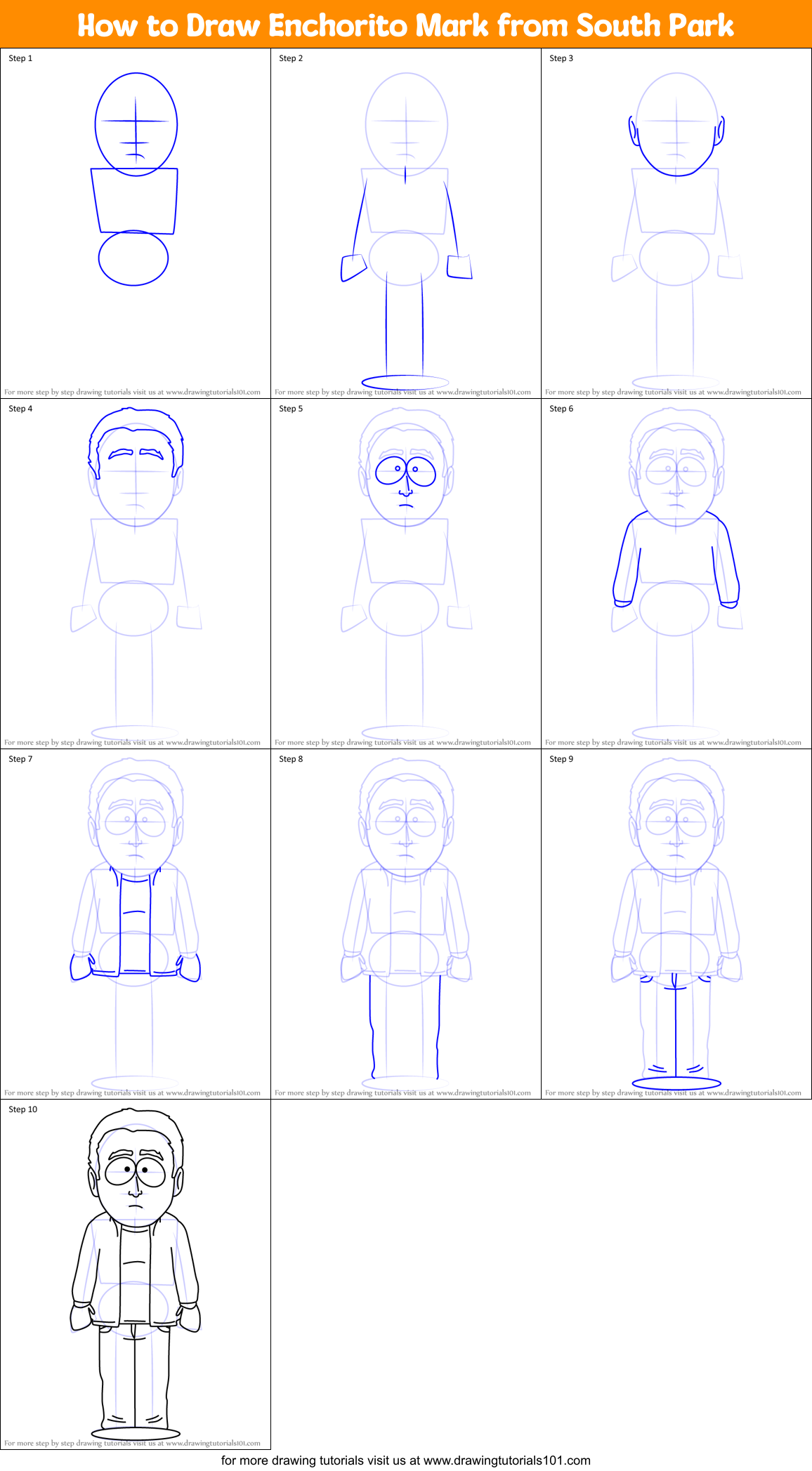 How to Draw Enchorito Mark from South Park Printable Step by Step