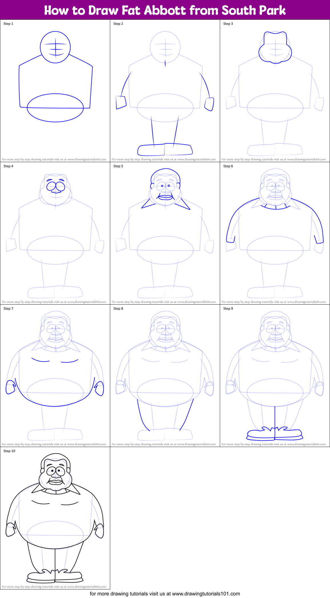 How to Draw Fat Abbott from South Park Printable Step by Step