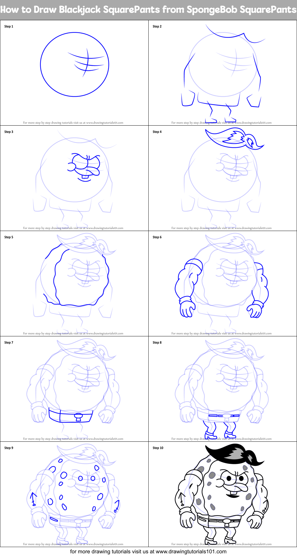 How to Draw Blackjack SquarePants from SpongeBob SquarePants Printable Step by Step