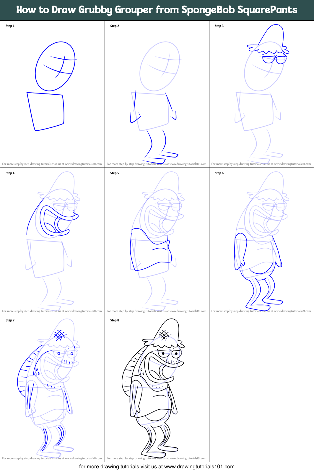 How to Draw Grubby Grouper from SpongeBob SquarePants Printable Step by Step