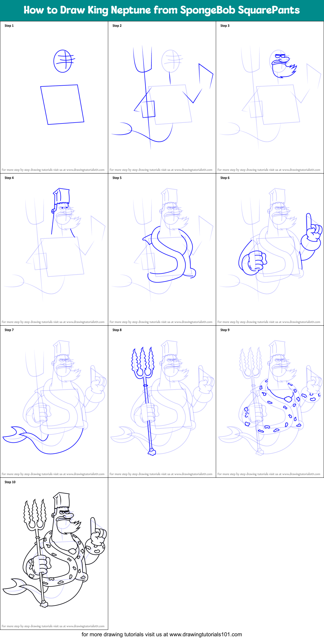 How to Draw King Neptune from SpongeBob SquarePants Printable Step by Step