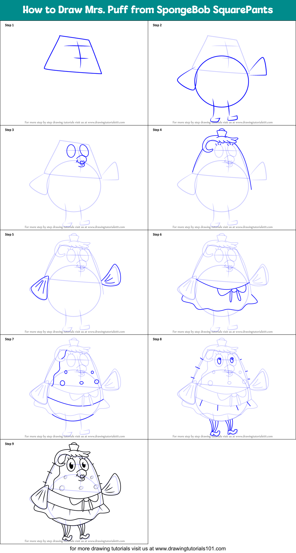 How to Draw Mrs. Puff from SpongeBob SquarePants Printable Step by Step