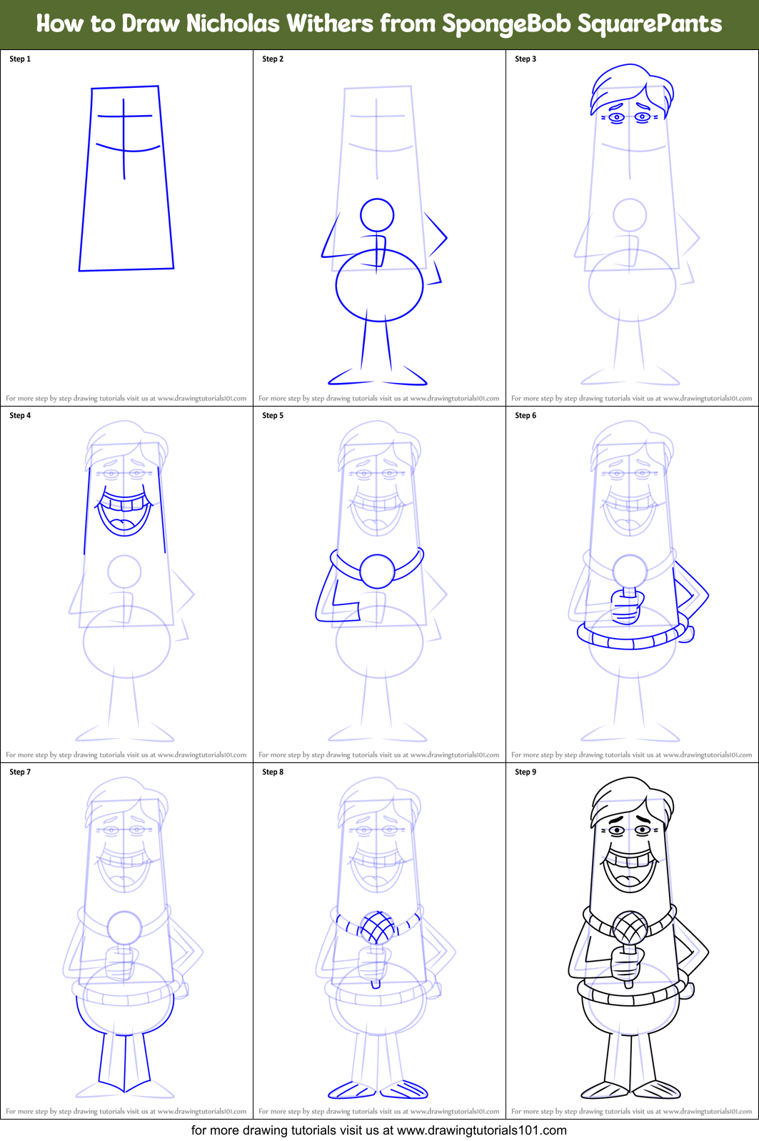 How to Draw Nicholas Withers from SpongeBob SquarePants Printable Step by Step