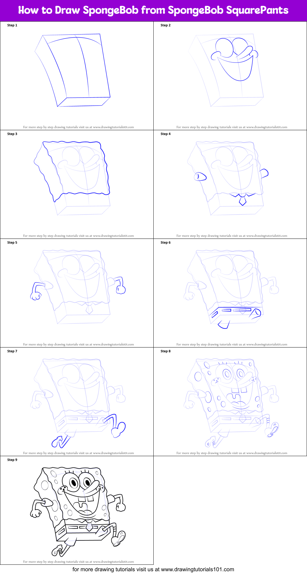 How to Draw SpongeBob from SpongeBob SquarePants printable step by step