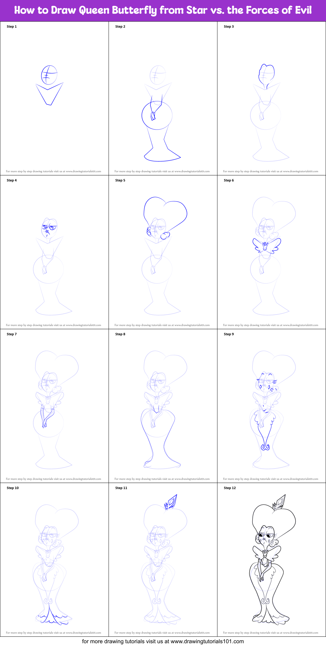 How to Draw Queen Butterfly from Star vs. the Forces of Evil Printable Step by Step