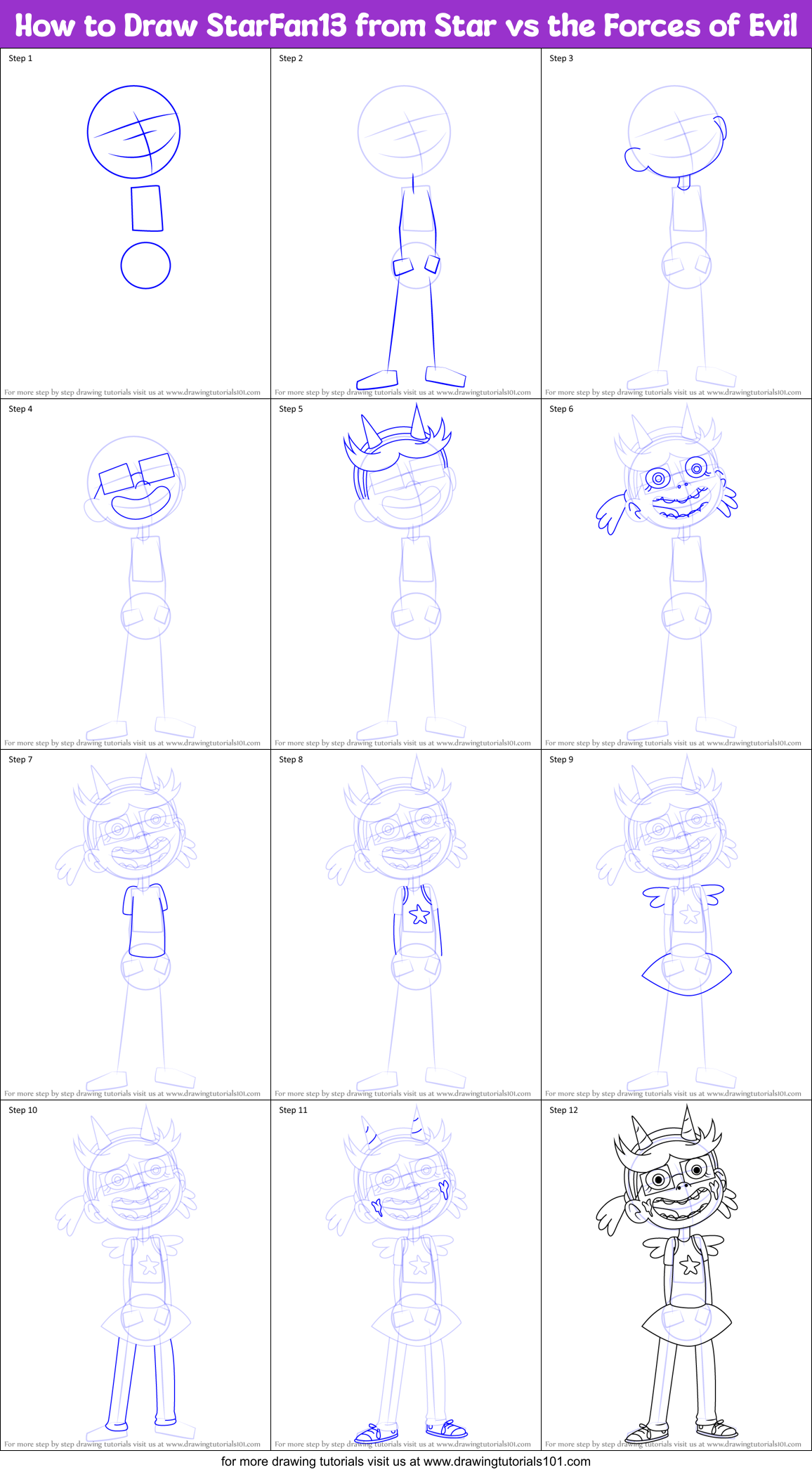 How to Draw StarFan13 from Star vs the Forces of Evil Printable Step by Step