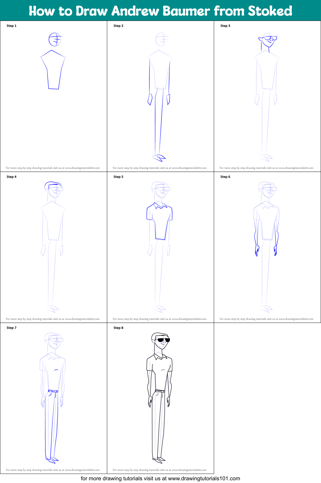 How to Draw Andrew Baumer from Stoked Printable Step by Step