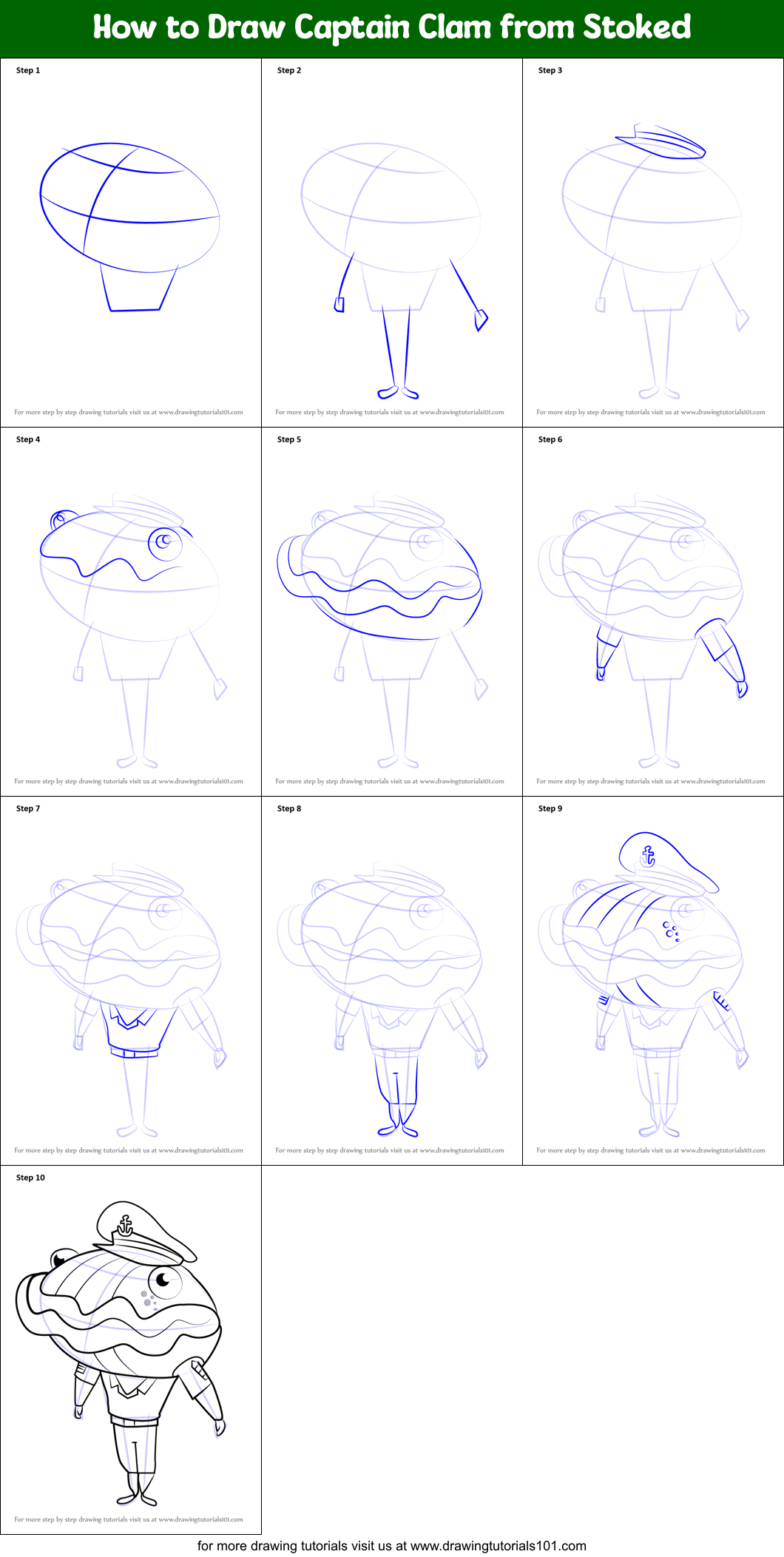 How to Draw Captain Clam from Stoked Printable Step by Step