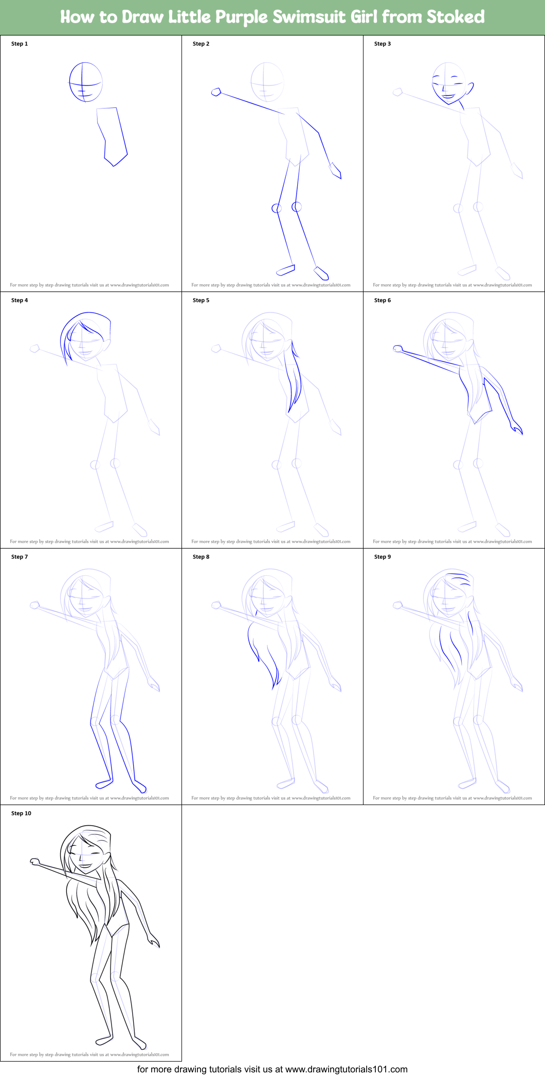 How to Draw Little Purple Swimsuit Girl from Stoked Printable Step by Step