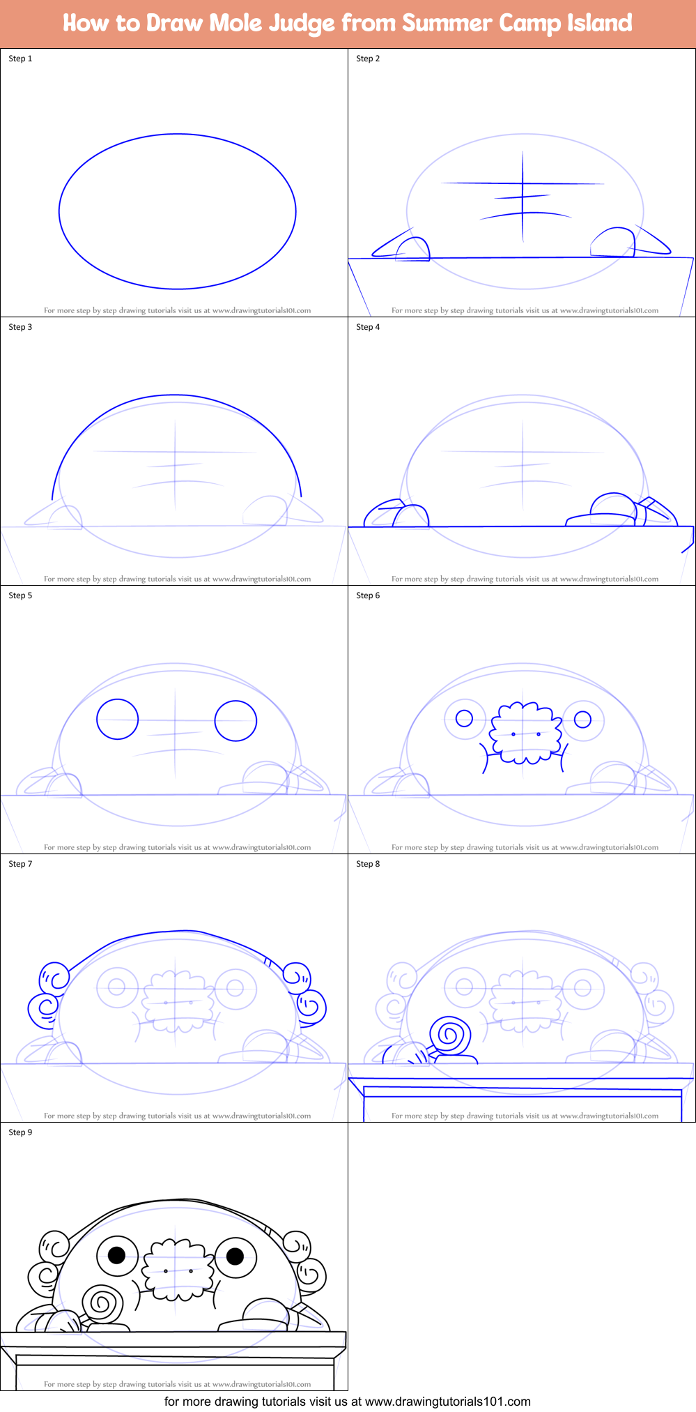 How to Draw Mole Judge from Summer Camp Island Printable Step by Step