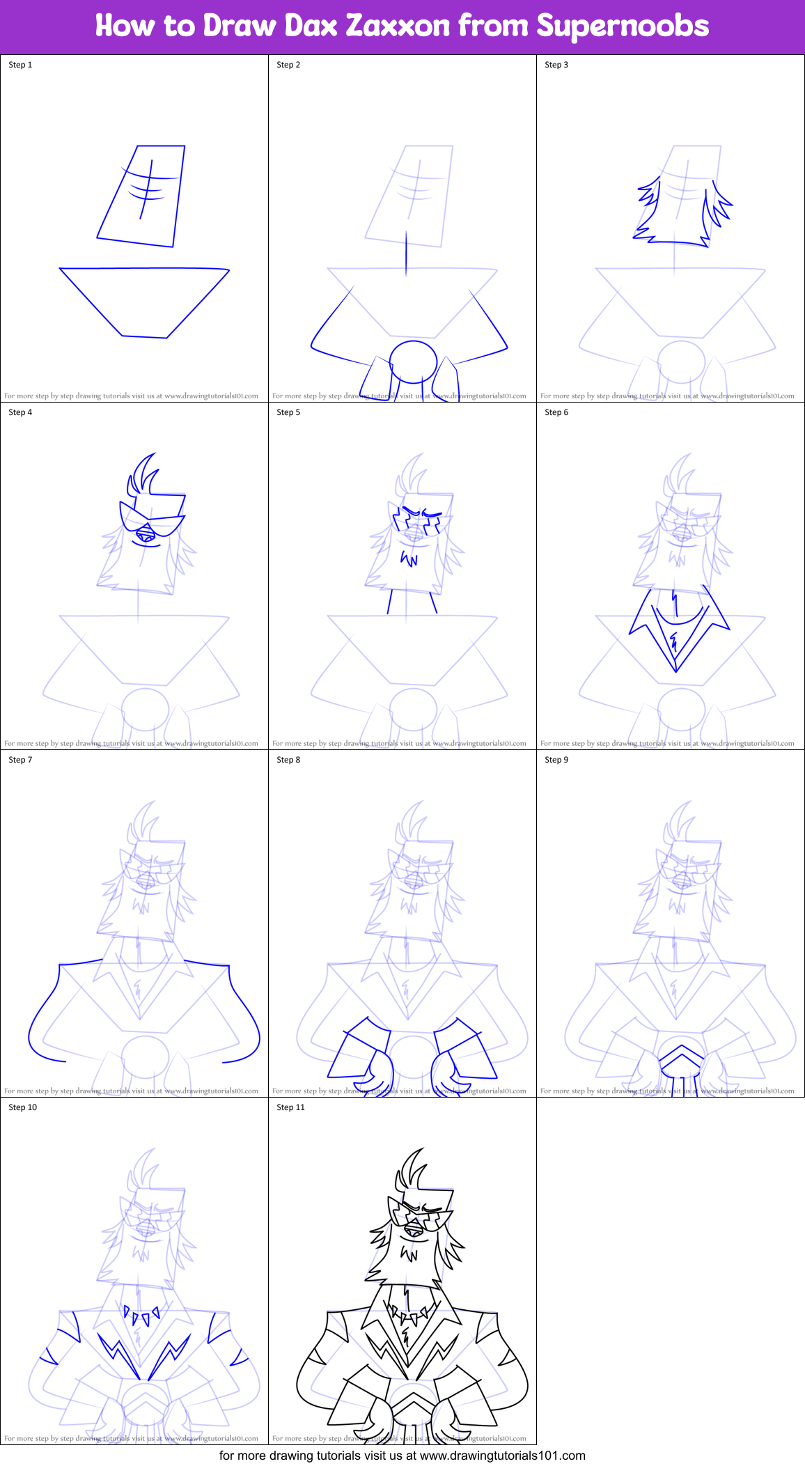 How to Draw Dax Zaxxon from Supernoobs Printable Step by Step