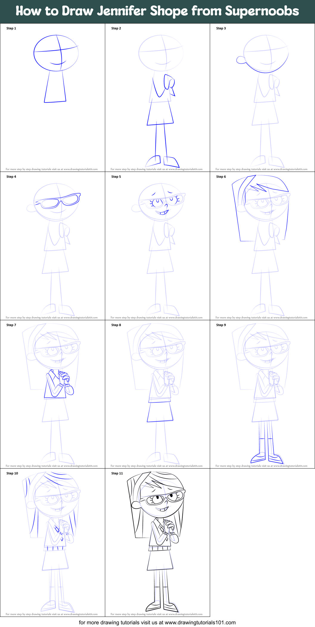 How to Draw Jennifer Shope from Supernoobs Printable Step by Step
