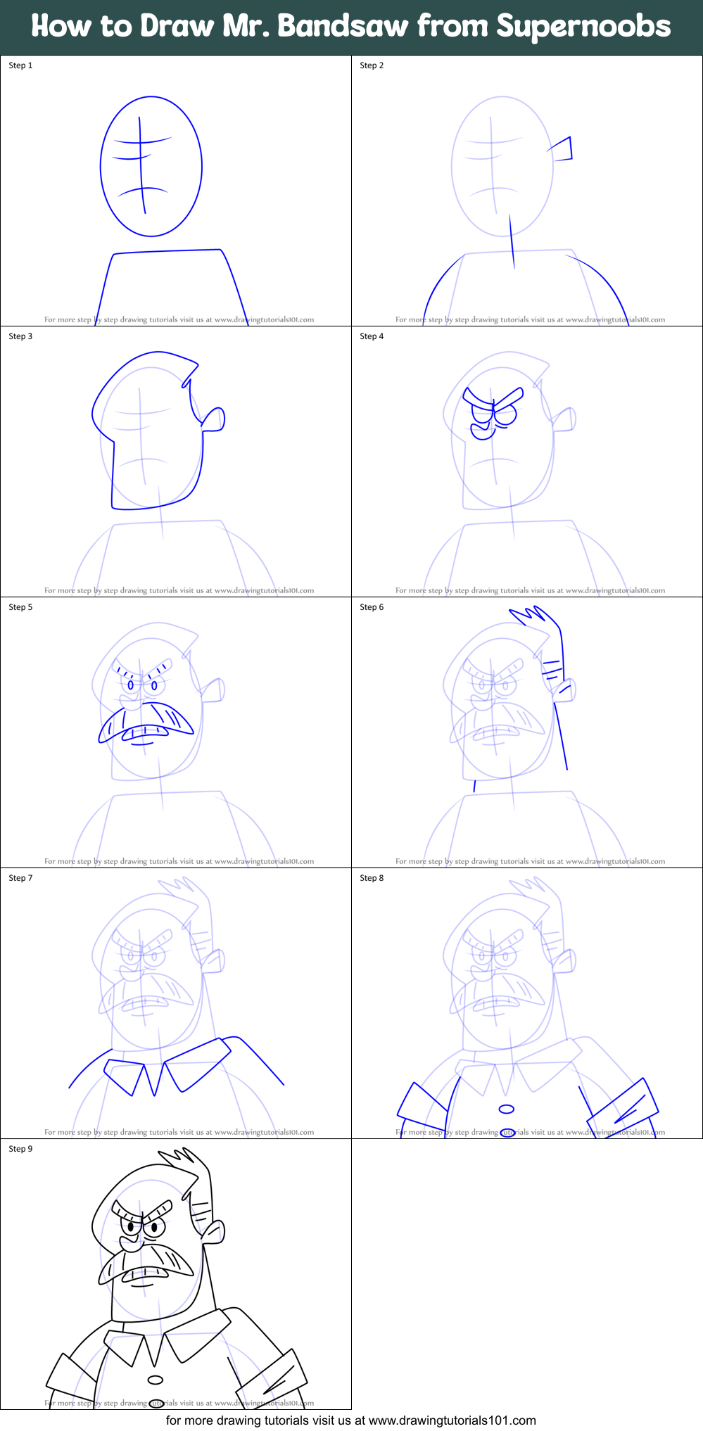 How to Draw Mr. Bandsaw from Supernoobs Printable Step by Step