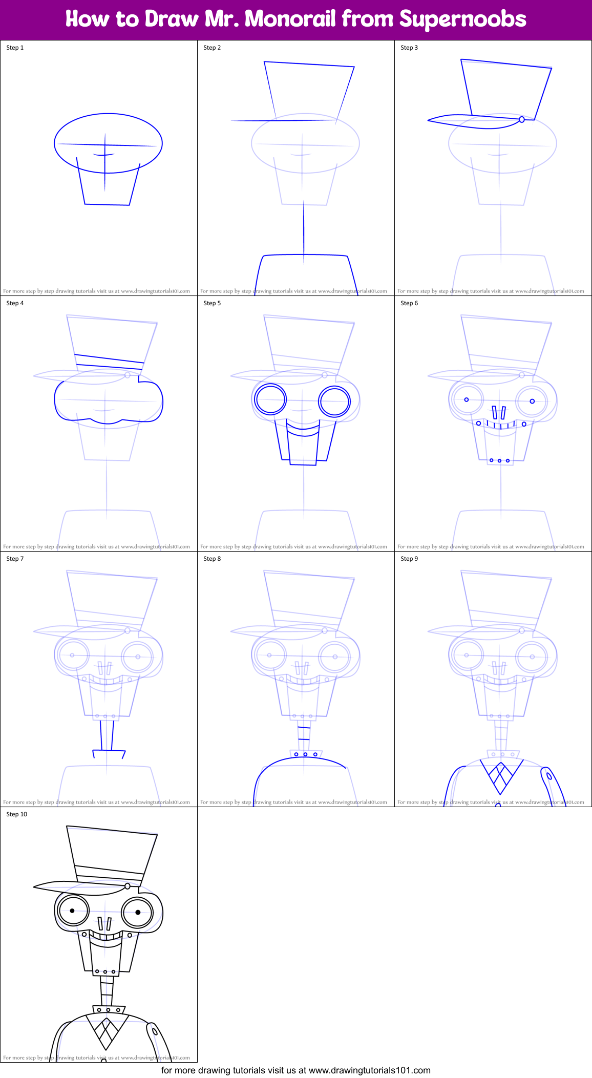 How to Draw Mr. Monorail from Supernoobs Printable Step by Step
