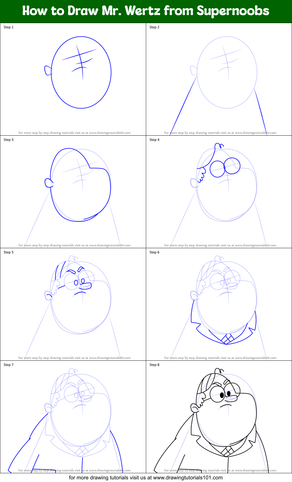 How to Draw Mr. Wertz from Supernoobs Printable Step by Step