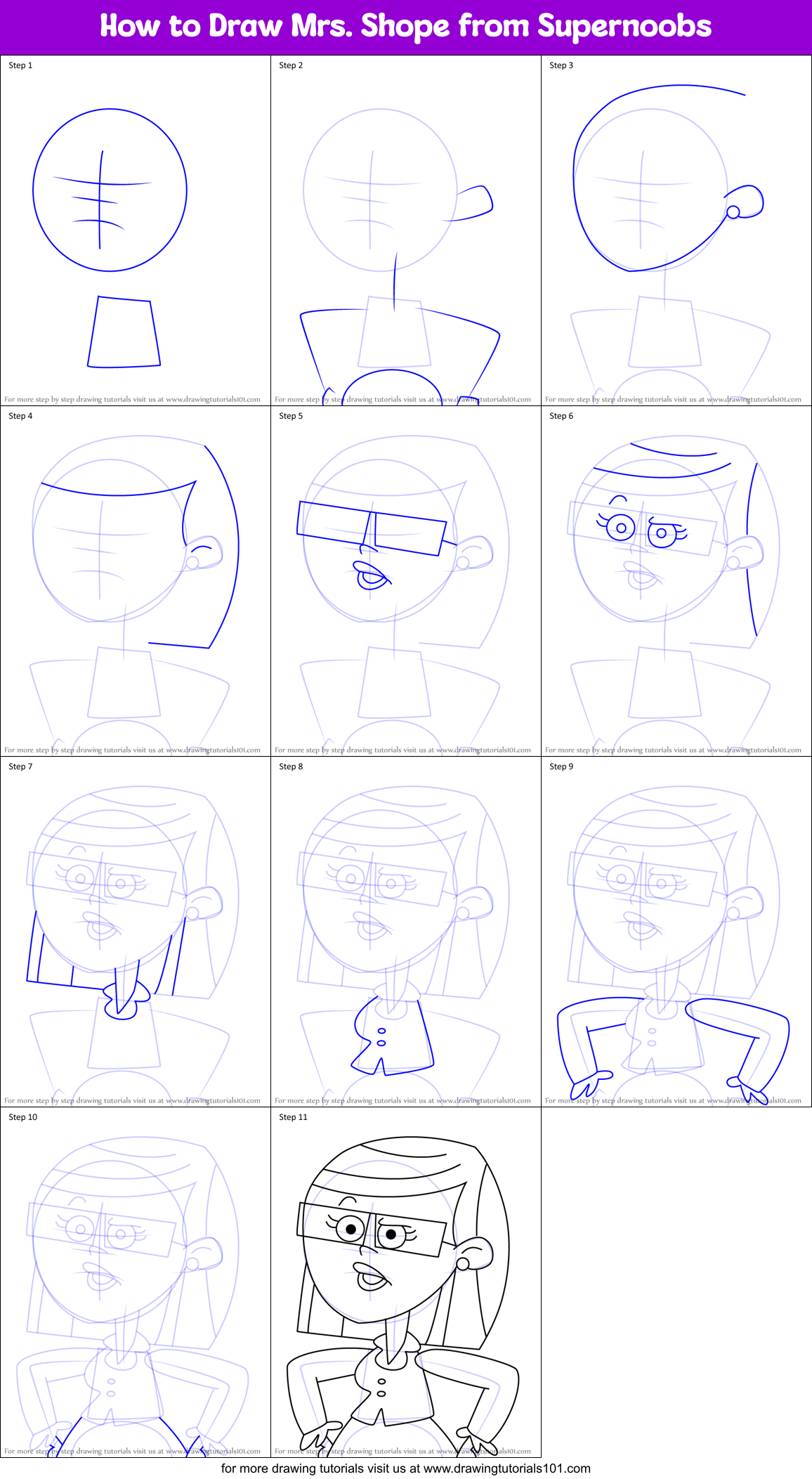How to Draw Mrs. Shope from Supernoobs Printable Step by Step