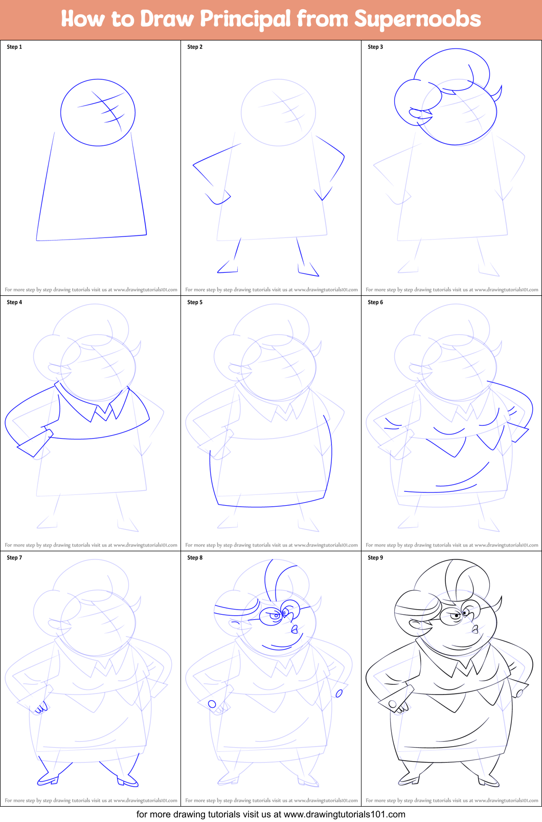 How to Draw Principal from Supernoobs Printable Step by Step