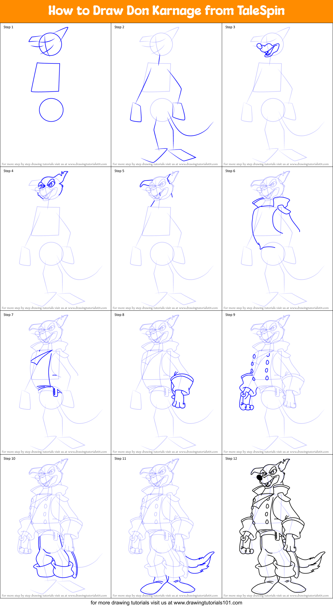 How to Draw Don Karnage from TaleSpin Printable Step by Step