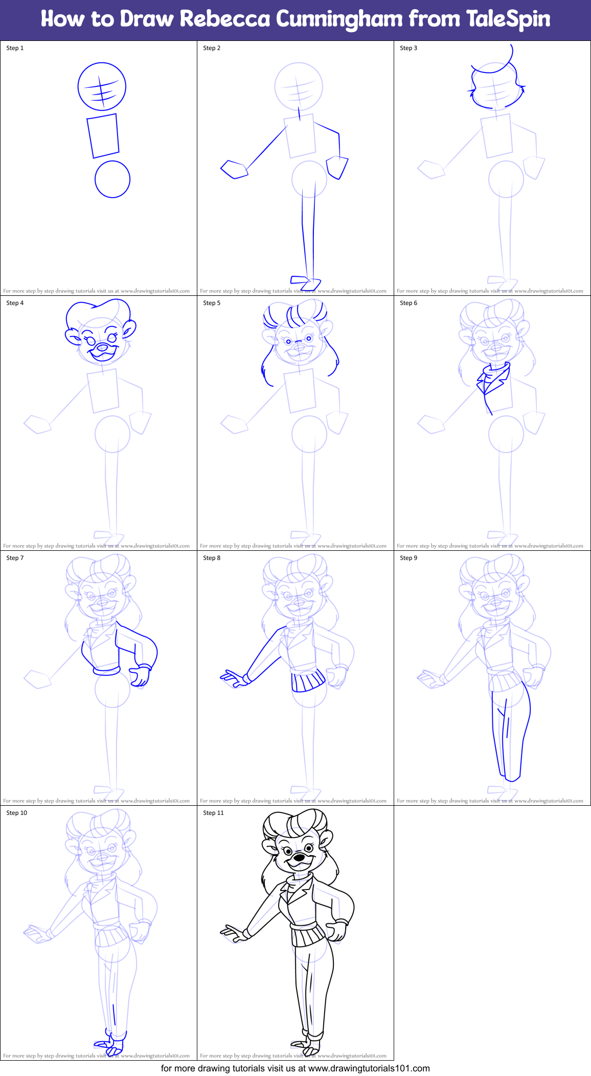 How to Draw Rebecca Cunningham from TaleSpin Printable Step by Step