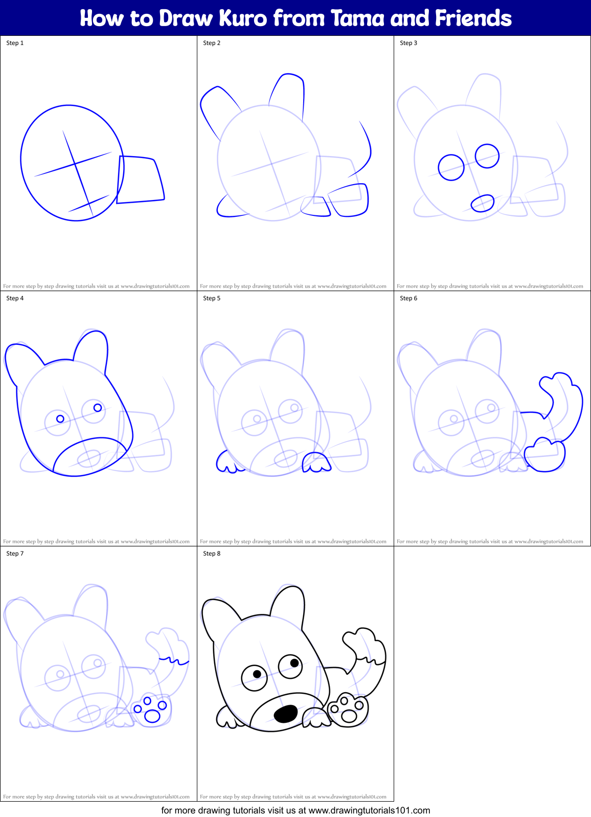 How to Draw Kuro from Tama and Friends Printable Step by Step