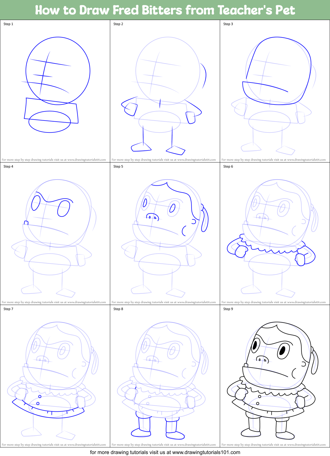 How to Draw Fred Bitters from Teacher's Pet Printable Step by Step