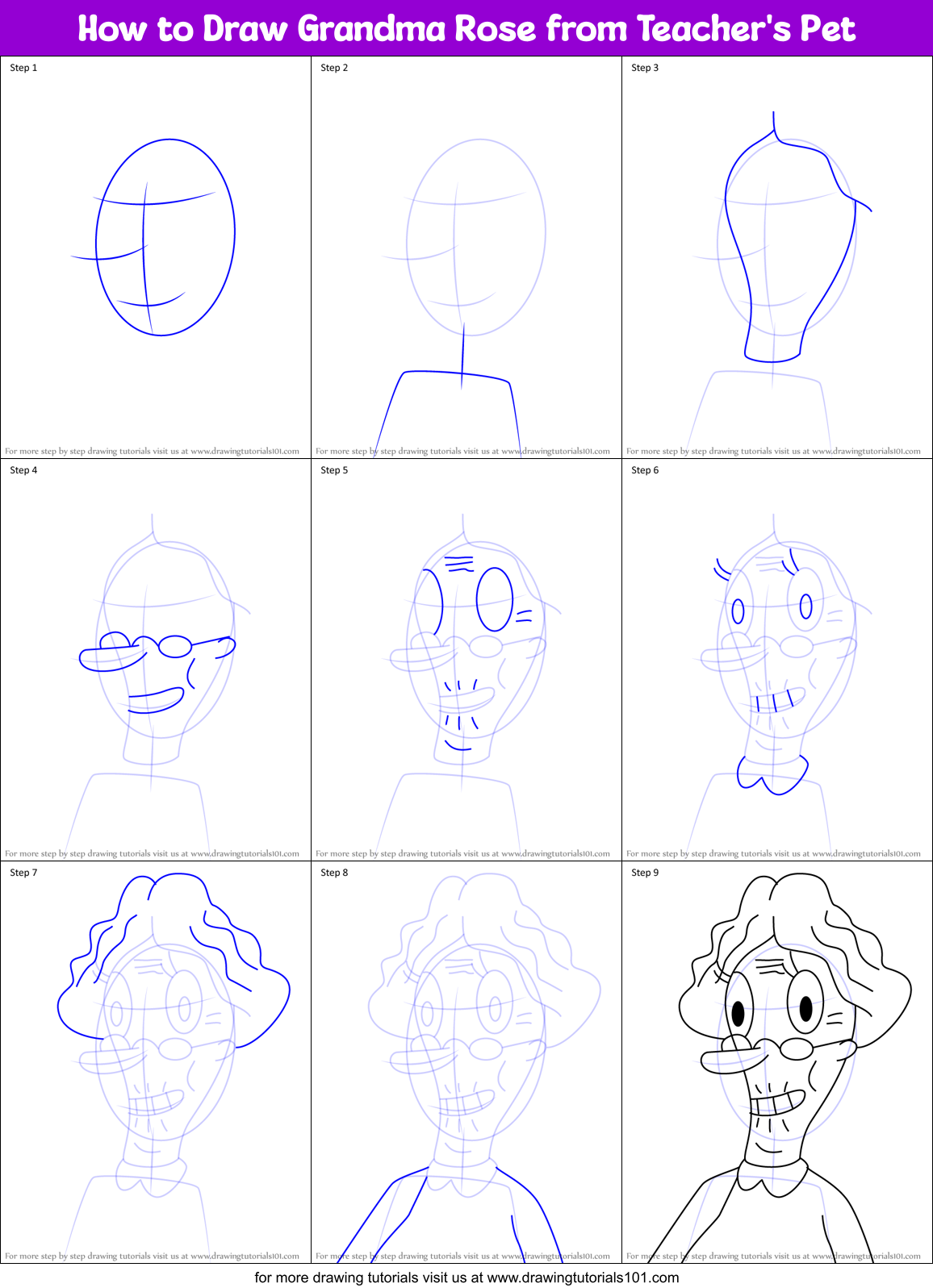 How to Draw Grandma Rose from Teacher's Pet Printable Step by Step