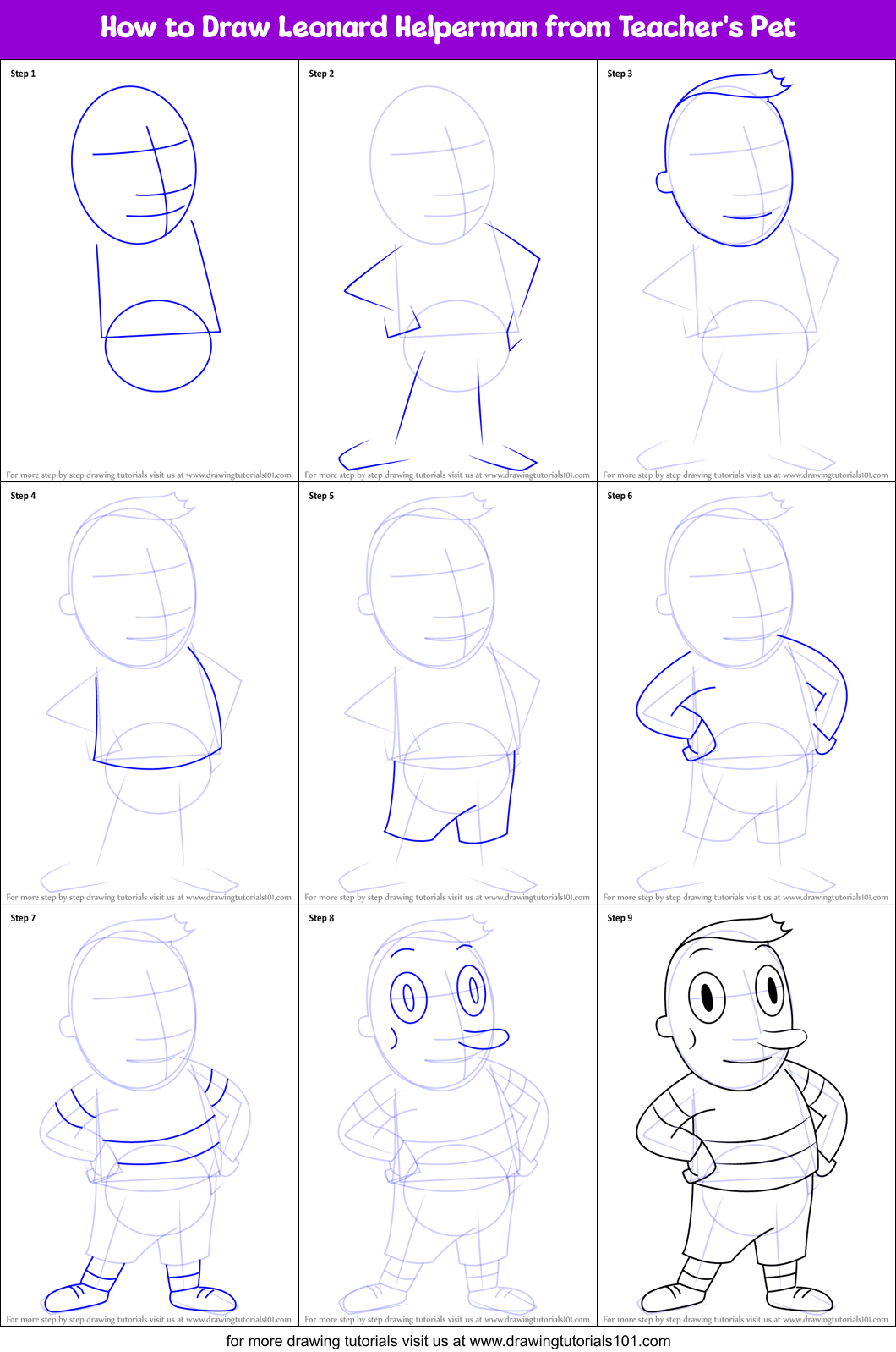 How to Draw Leonard Helperman from Teacher's Pet Printable Step by Step