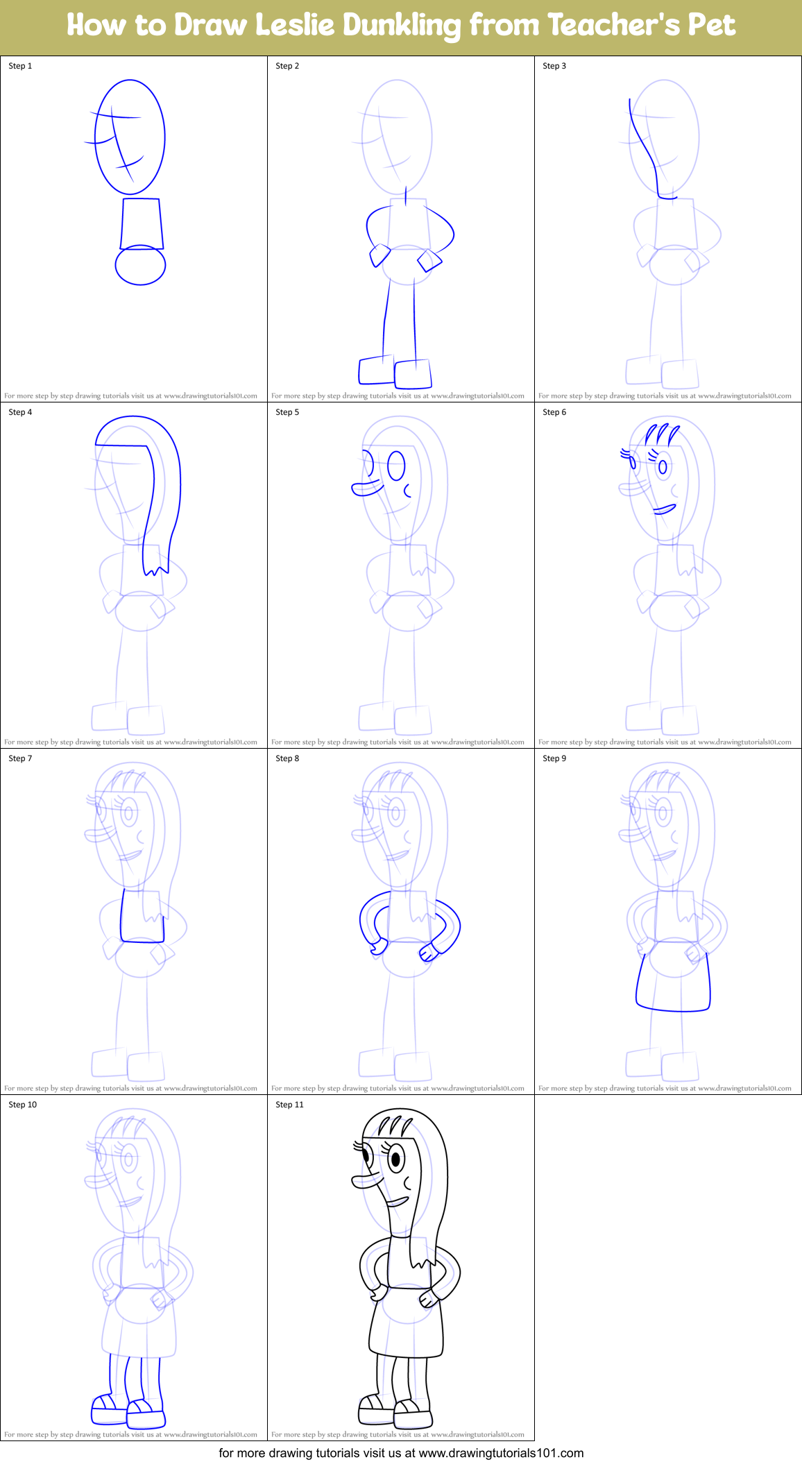 How to Draw Leslie Dunkling from Teacher's Pet Printable Step by Step
