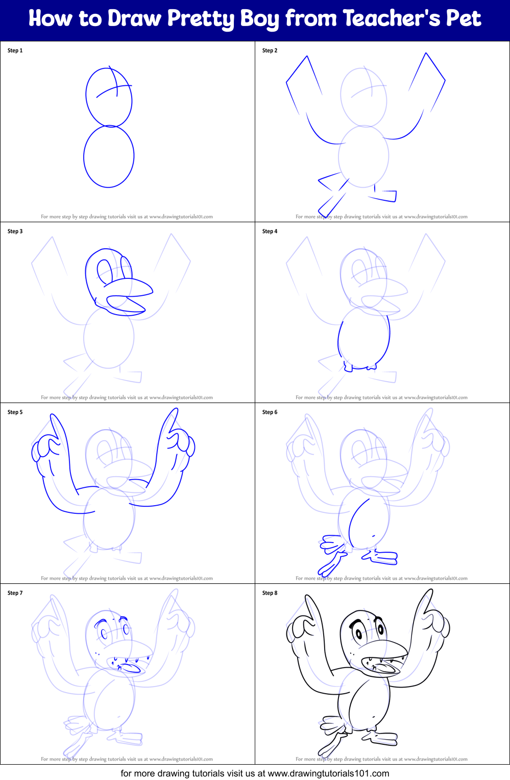 How to Draw Pretty Boy from Teacher's Pet Printable Step by Step