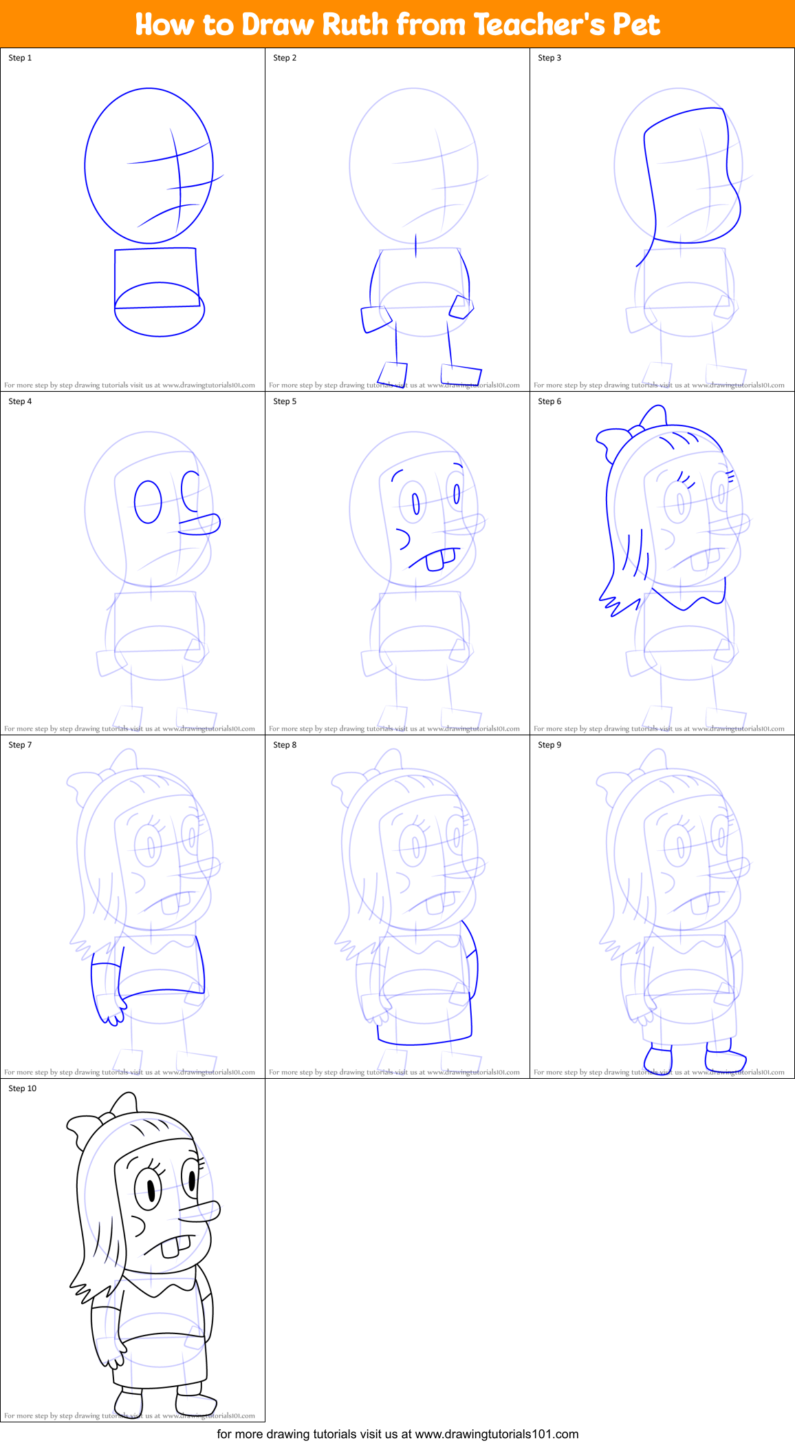 How to Draw Ruth from Teacher's Pet Printable Step by Step
